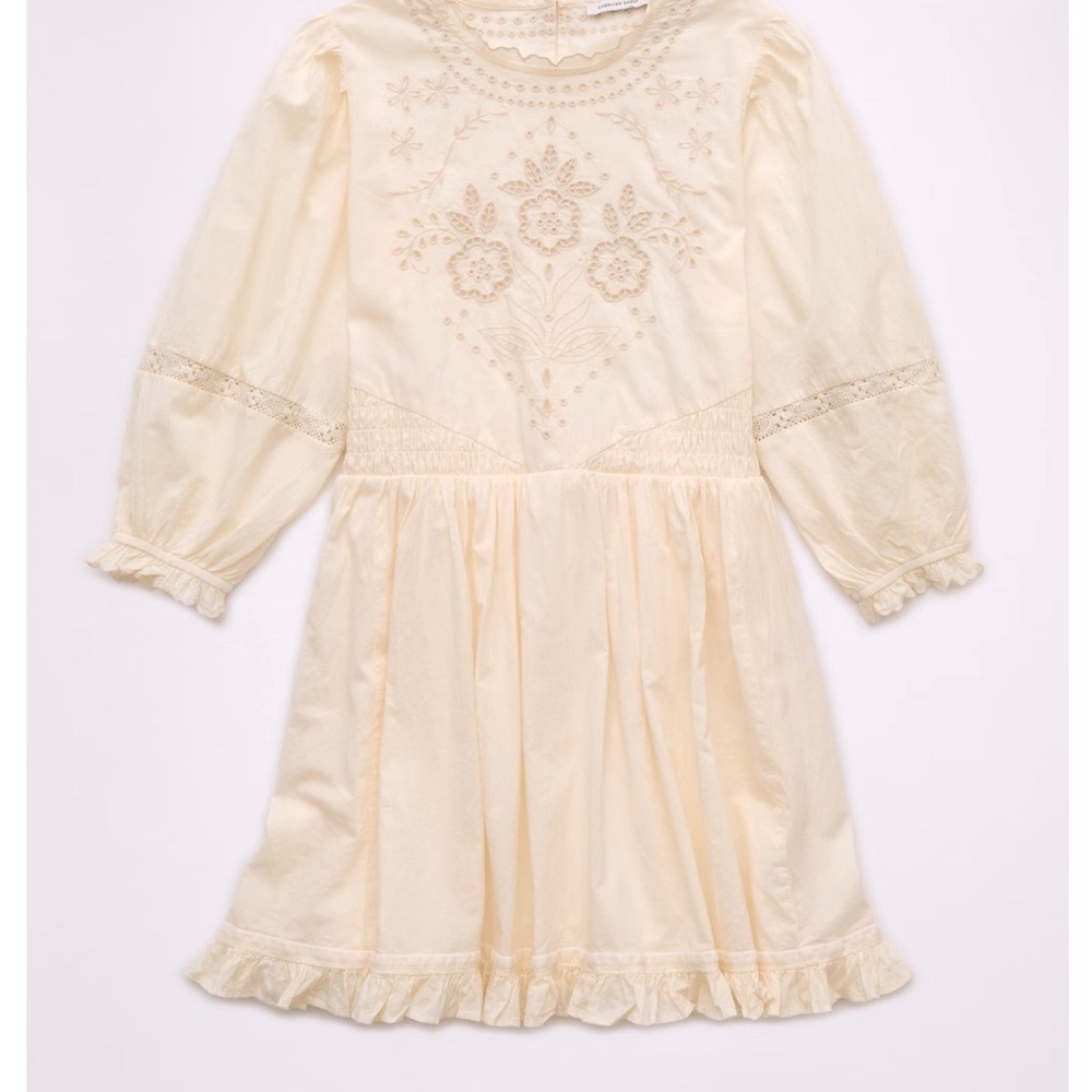 NWT- American Eagle Embroidered Puff Sleeve Cream Mini Dress - Picture 2 of 10